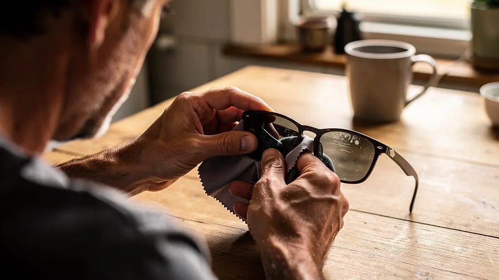 Un homme nettoie ses lunettes de soleil wayfarer avec un chiffon en microfibre.