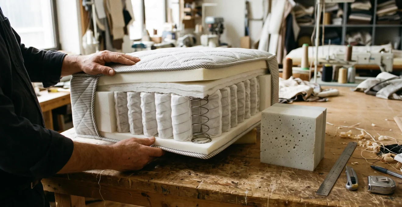 Échantillon de matelas à ressorts ensachés coupé montrant les ressorts individuels enveloppés.